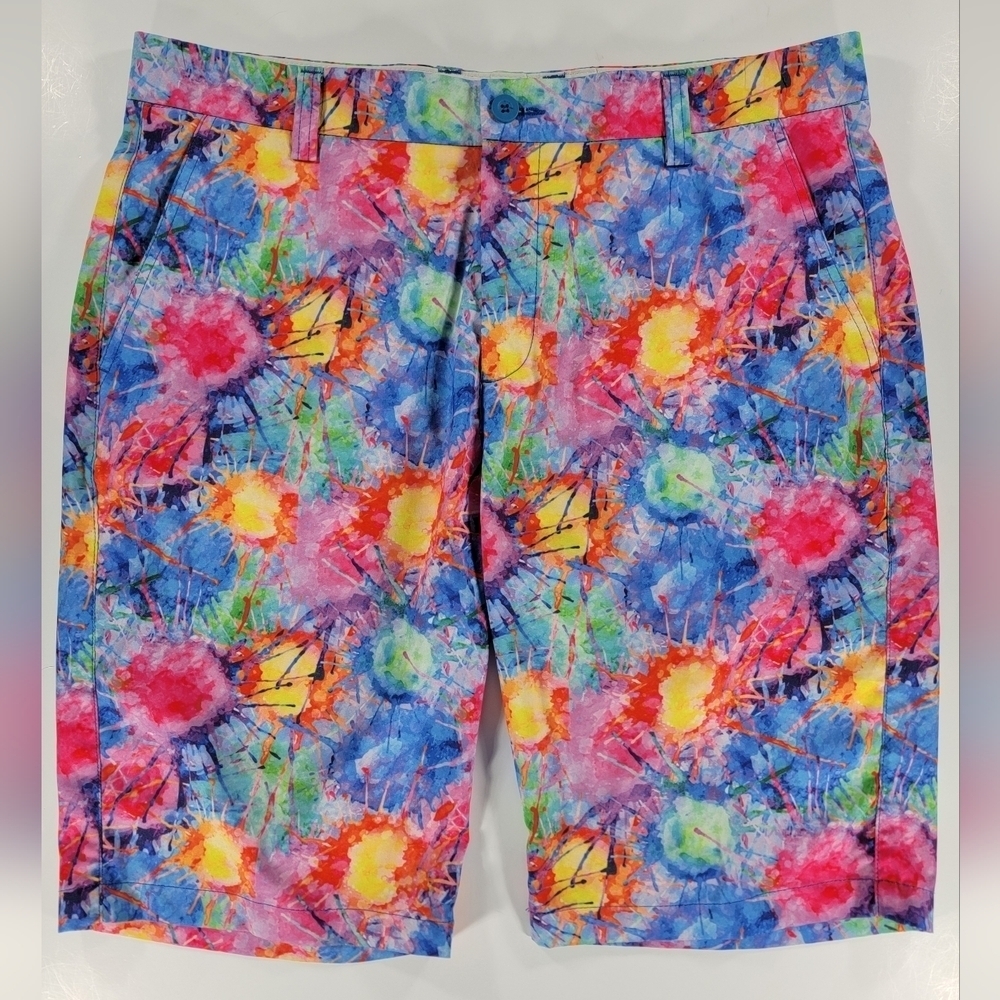 Hreski Golf Shorts Men 34 Multicolored Paint Splatter 10” Stretch Performance